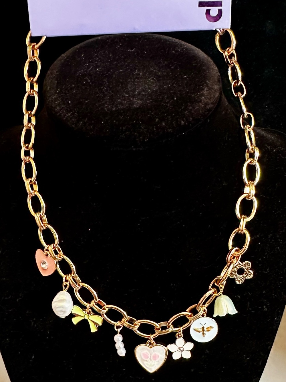 Claire's Gold-Tone Charm Necklace with Pink Heart and Pearl Accents